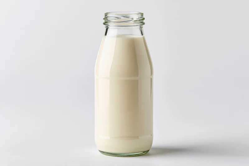 Clear glass bottle filled with fresh whole milk standing on white surface