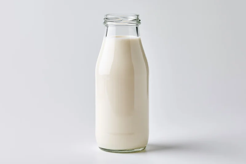 Clear glass bottle filled with fresh whole milk standing on white surface