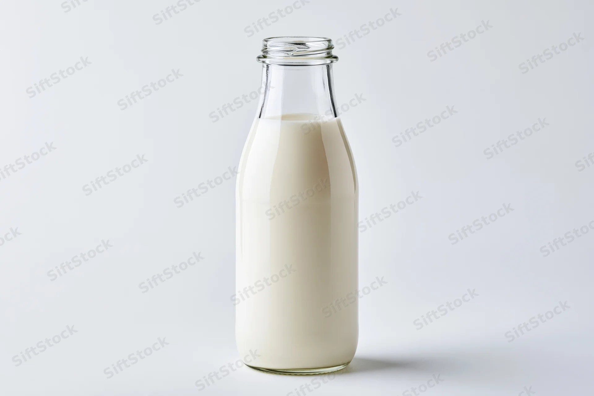 Clear glass milk bottle filled with fresh whole milk standing open on white background