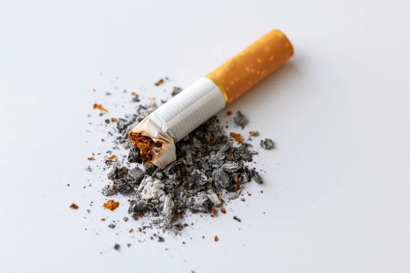 Crushed cigarette butt with ash on a plain white surface