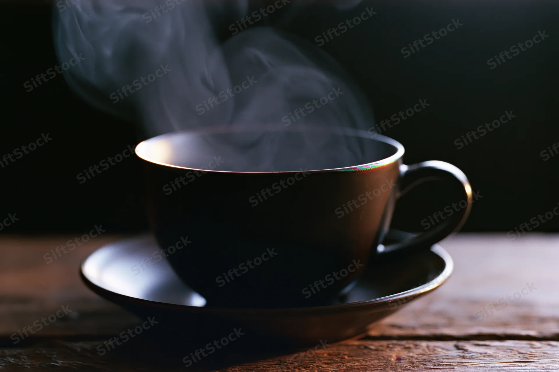 Steaming dark ceramic coffee cup on matching saucer resting on wooden table