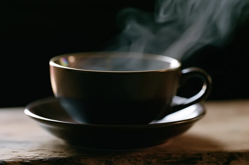 Dark ceramic coffee cup steaming on wooden table with saucer
