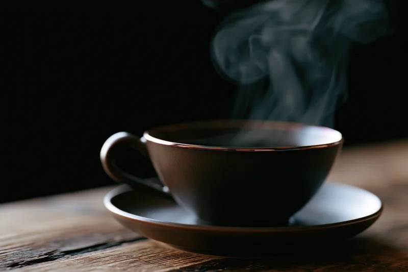 Steaming dark ceramic coffee cup on wooden table with saucer