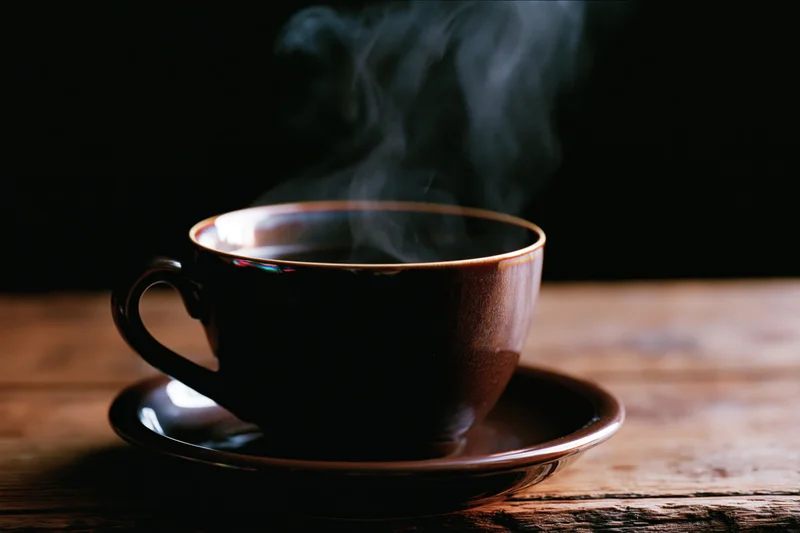 Dark ceramic coffee cup steaming on wooden table