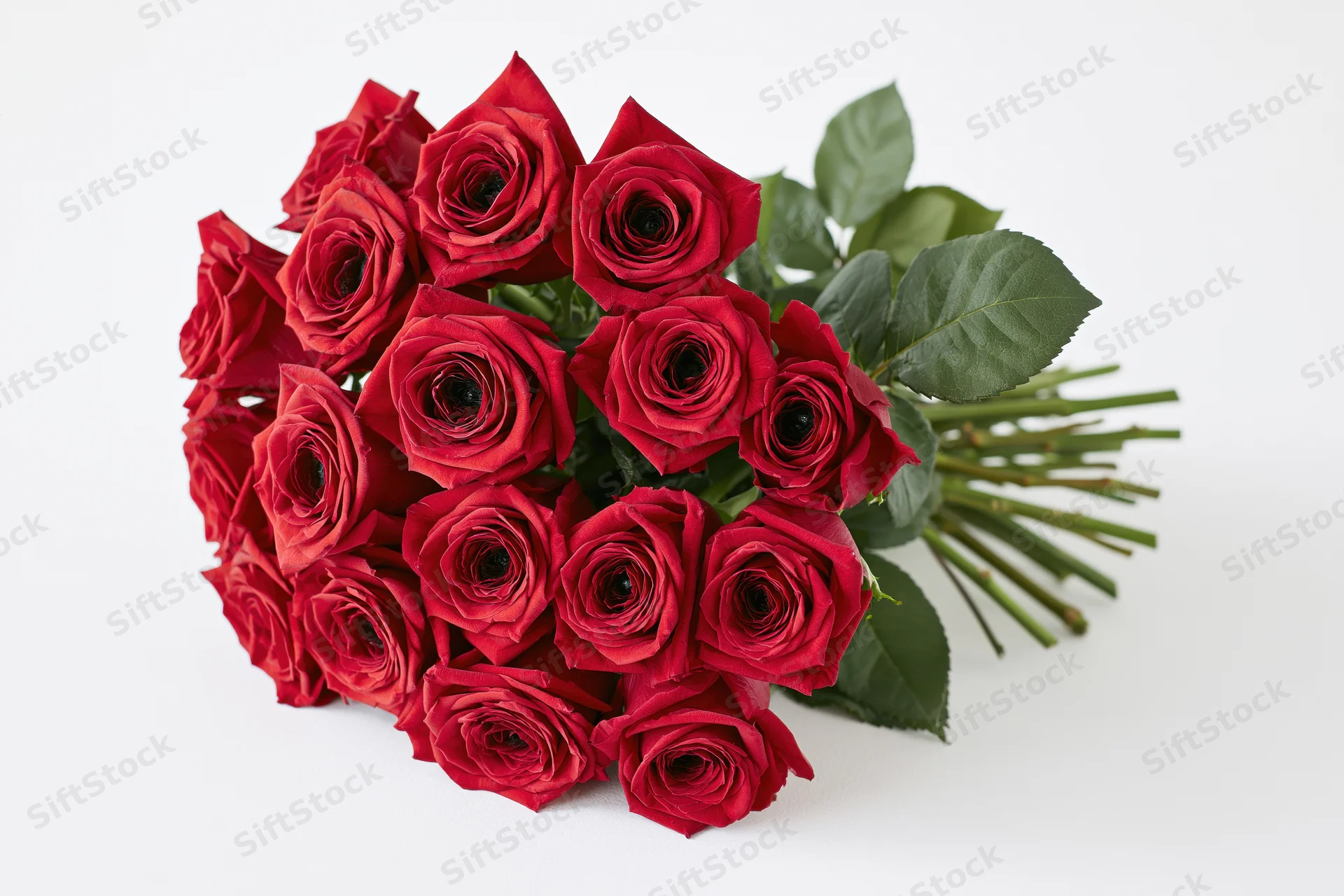 A dozen red roses bundled in a loose bouquet with green stems and leaves on a white background