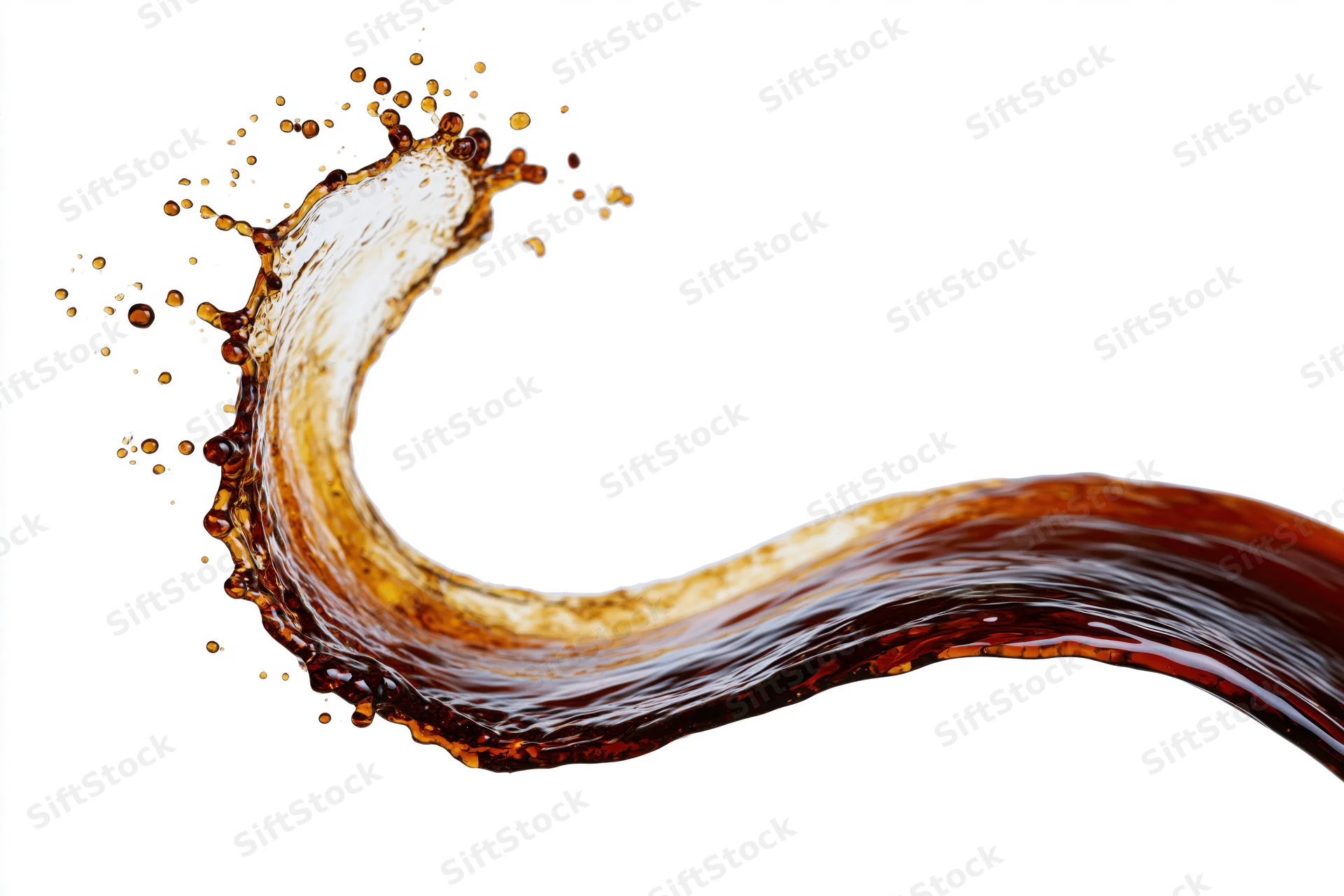 Dark amber liquid splashing in mid-air against white background