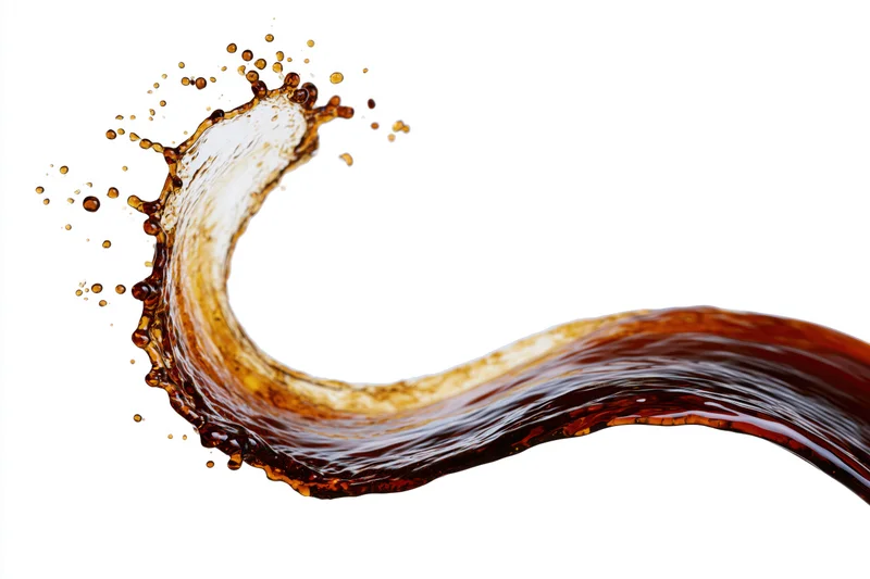 Dark amber liquid splashing in mid-air against white background