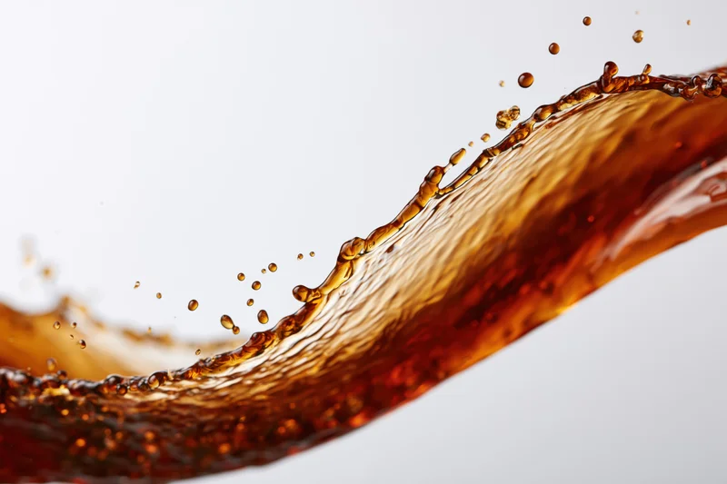 Dynamic splash of dark amber liquid in mid-air against white background