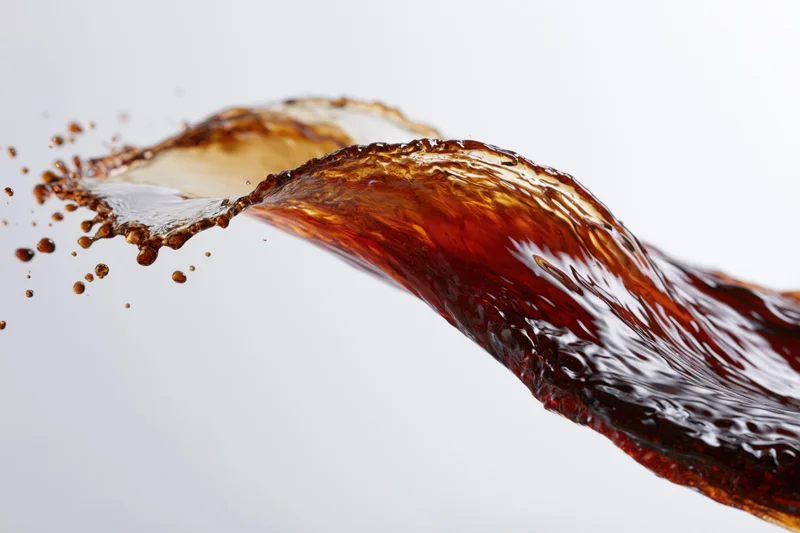 Dark amber liquid splashing mid-air against white background