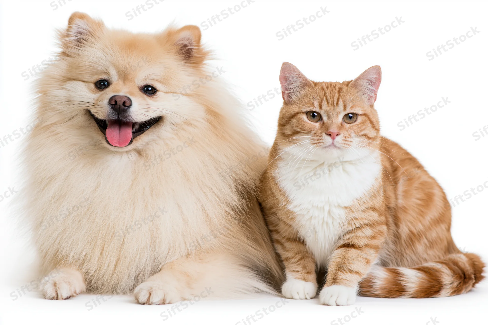Fluffy golden pomeranian with tongue out sitting beside ginger cat on white background