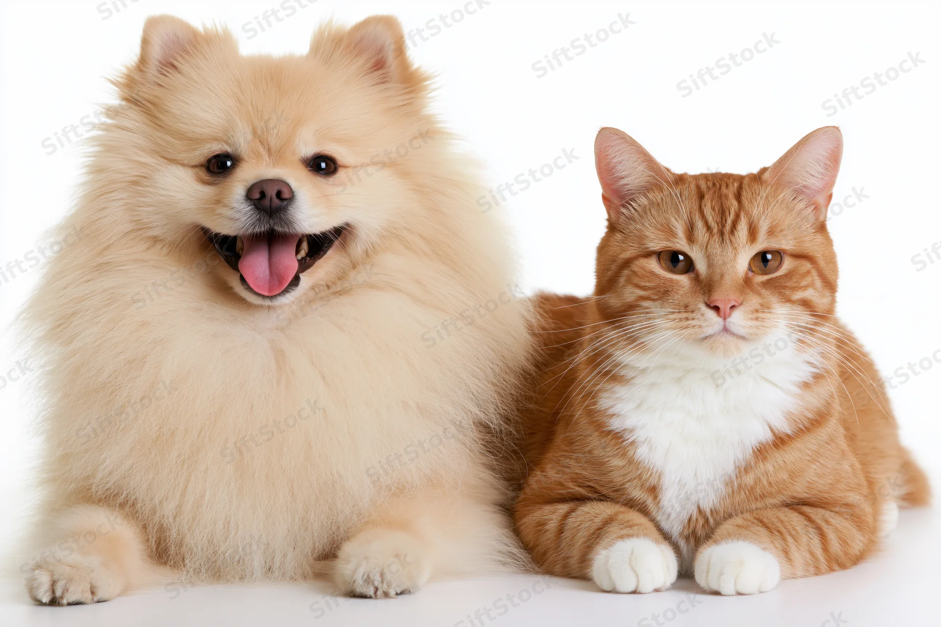 Fluffy golden pomeranian with tongue out sitting beside orange tabby cat on white background