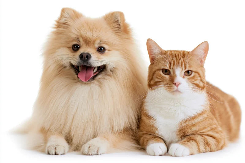 Fluffy golden pomeranian with mouth open and tongue out sitting beside ginger and white cat on white background