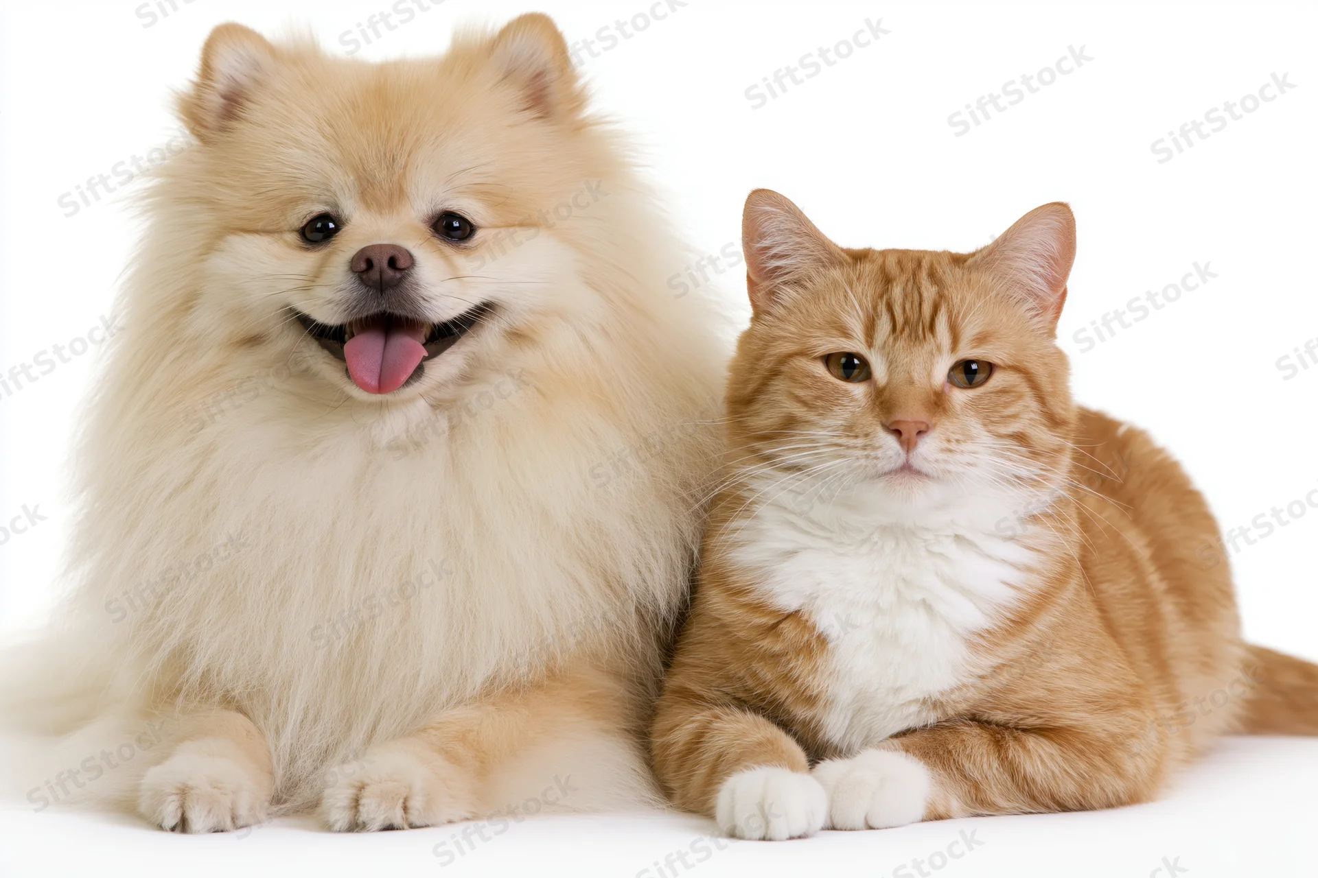 Fluffy golden pomeranian with tongue out sitting beside orange tabby cat on white background