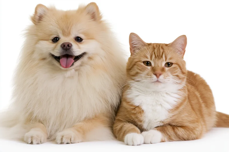 Fluffy golden pomeranian with tongue out sitting beside orange tabby cat on white background