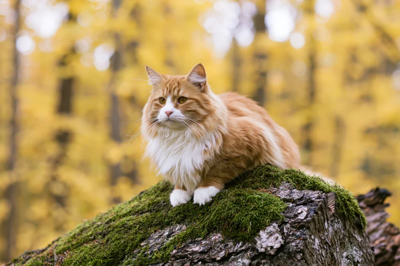 Fluffy orange and white cat perched alert on a moss-covered tree stump in a yellow autumn forest
