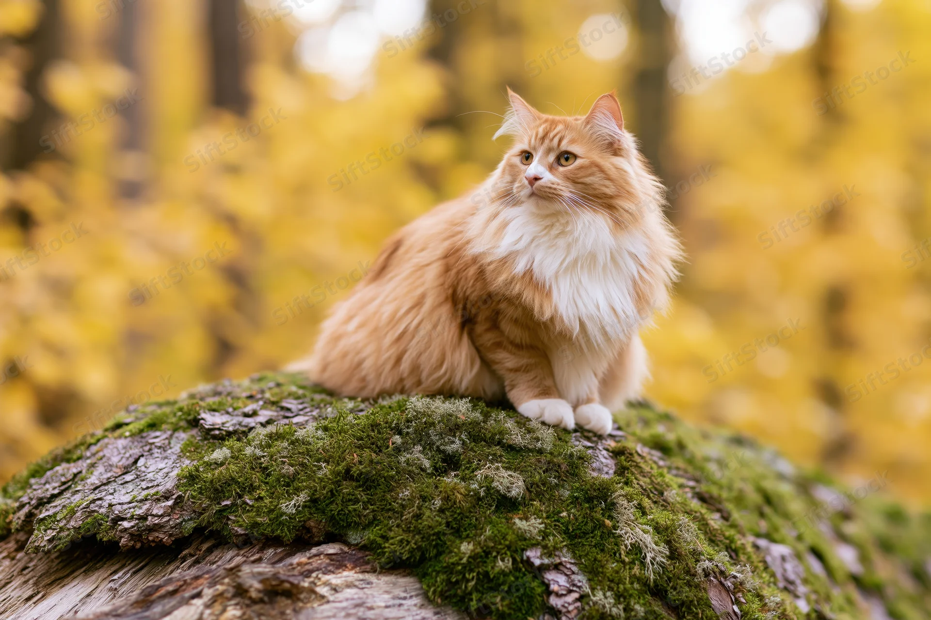 Fluffy orange and white cat sitting alert on a moss-covered log in a yellow autumn forest