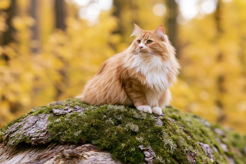 Fluffy orange and white cat sitting alert on a moss-covered log in a yellow autumn forest