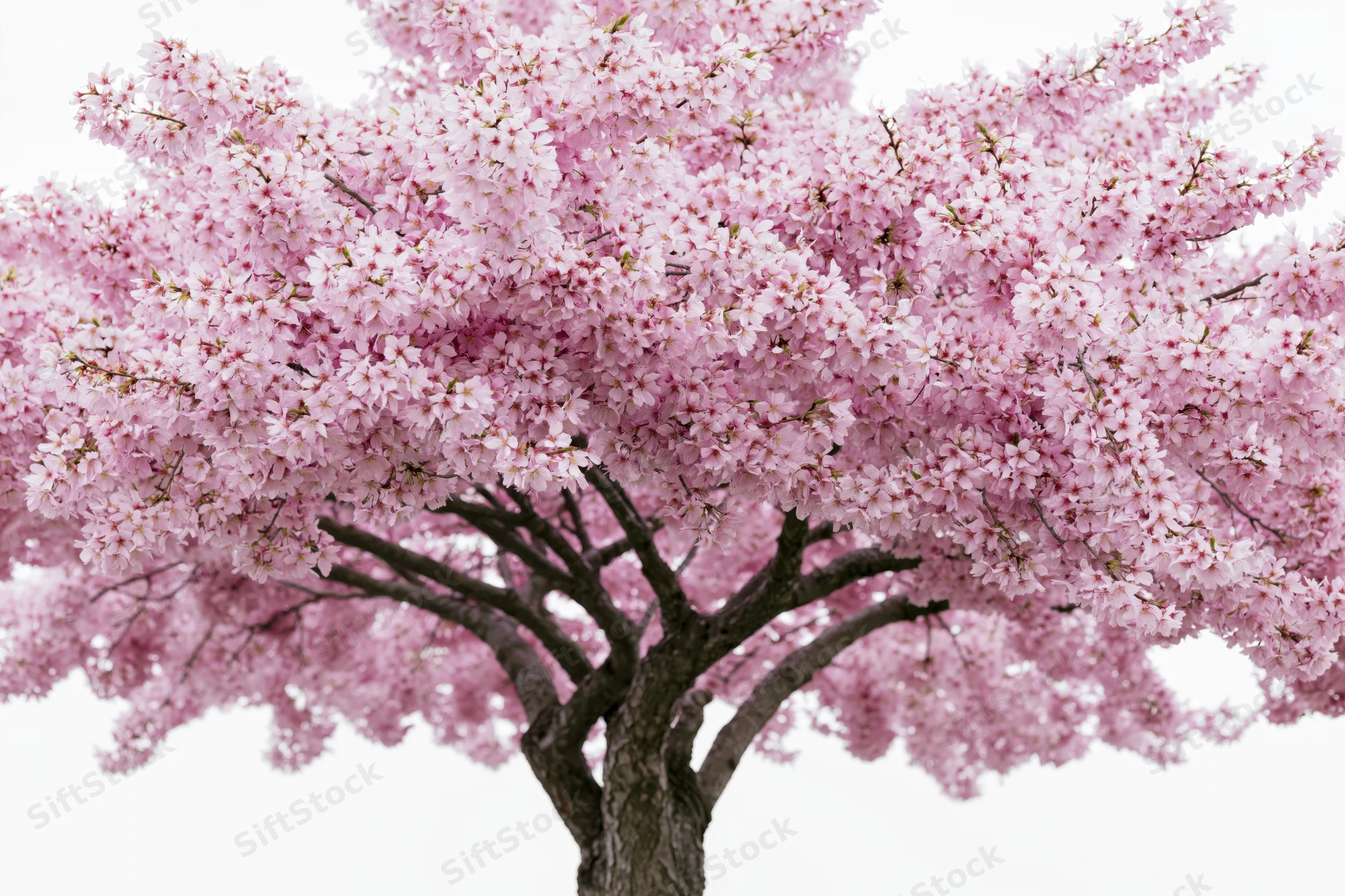Cherry blossom tree in full bloom with dense pink canopy against white background