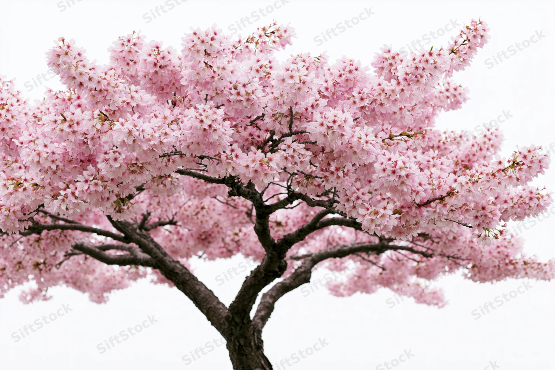 Cherry blossom tree in full bloom with dense pink canopy against white background