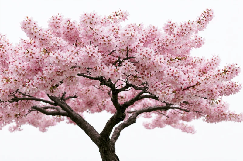 Cherry blossom tree in full bloom with dense pink canopy against white background