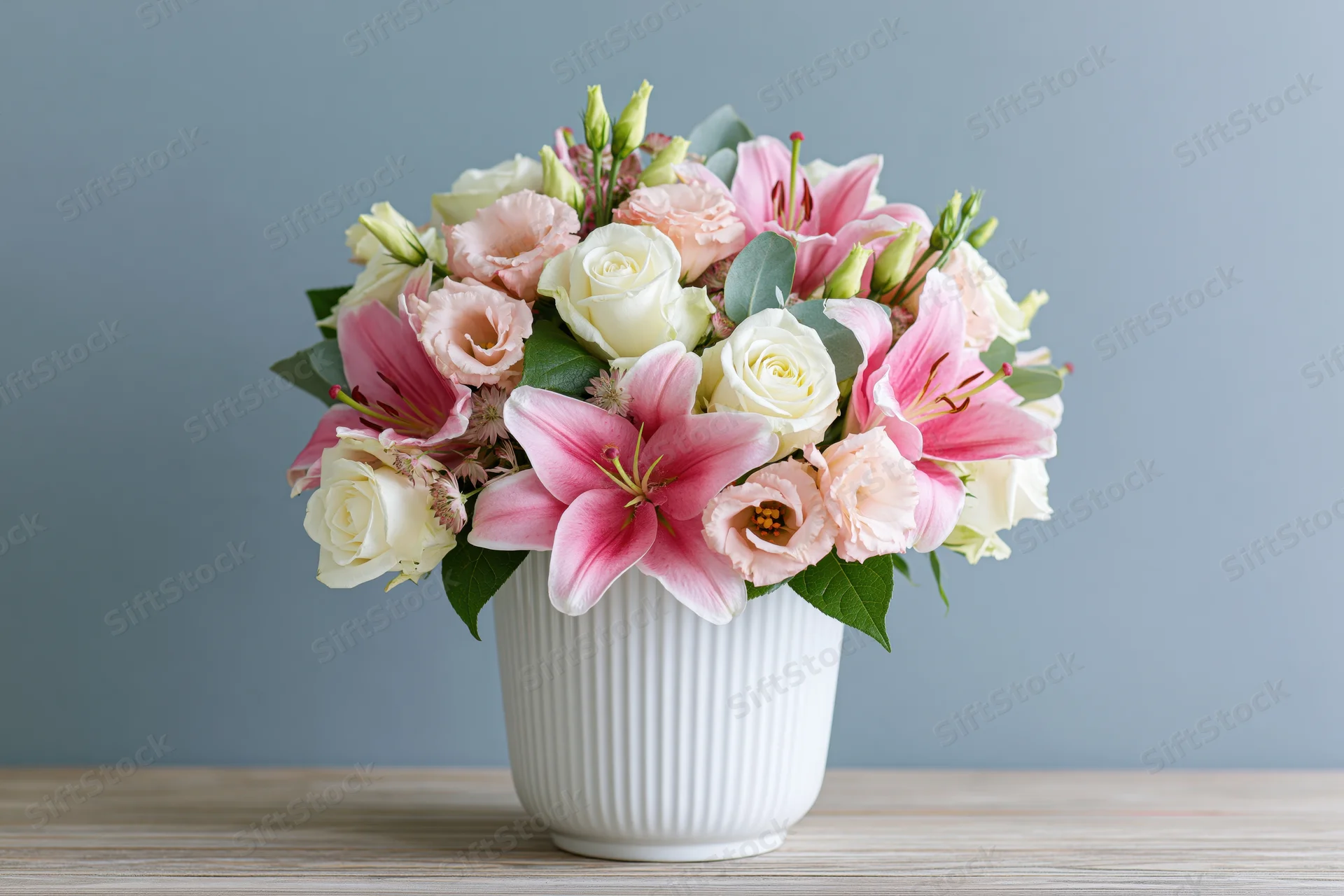 A bouquet of pink lilies and white roses arranged in a ribbed white vase on a wooden table
