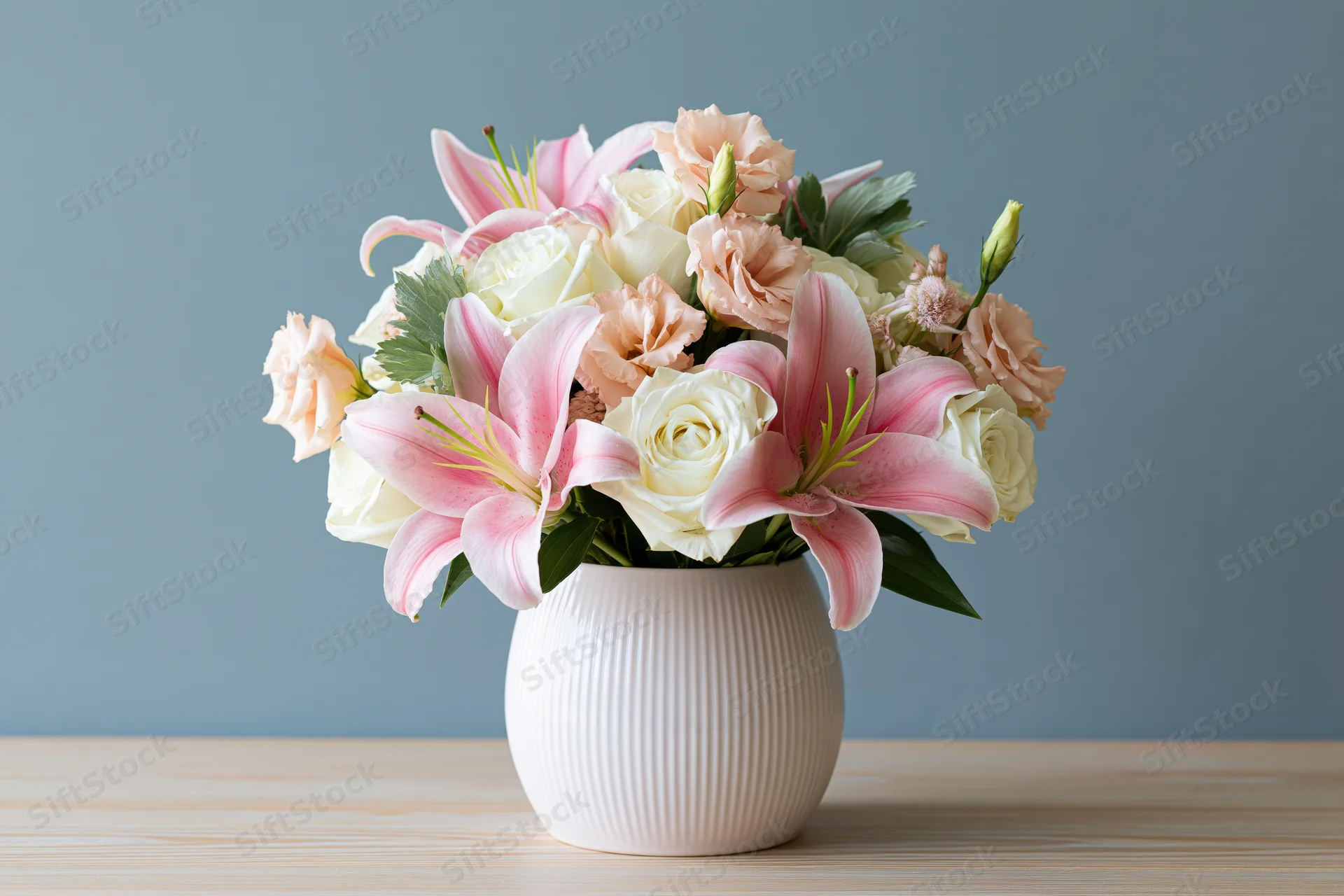 Bouquet of pink lilies and white roses in a white ceramic vase on a wooden table