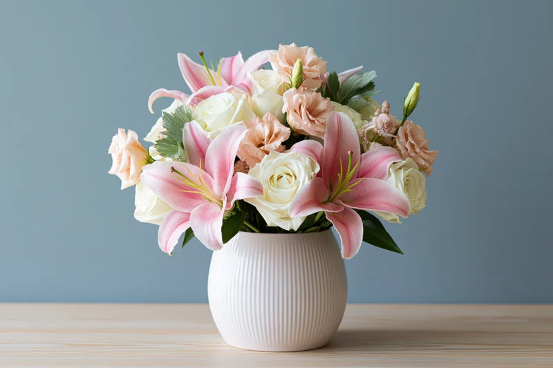 Bouquet of pink lilies and white roses in a white ceramic vase on a wooden table