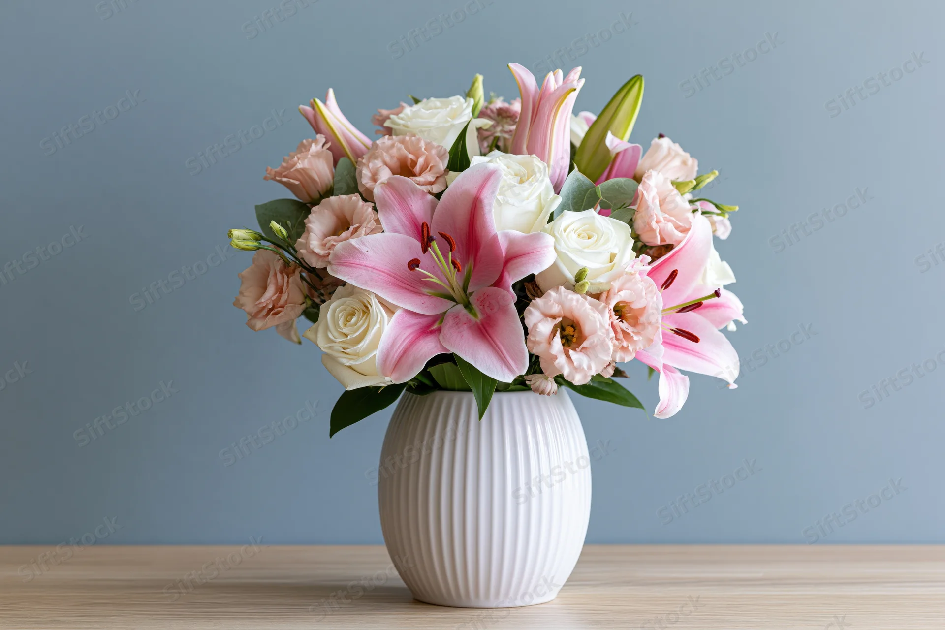 Pink lilies and white roses arranged in a white ceramic vase on a wooden table