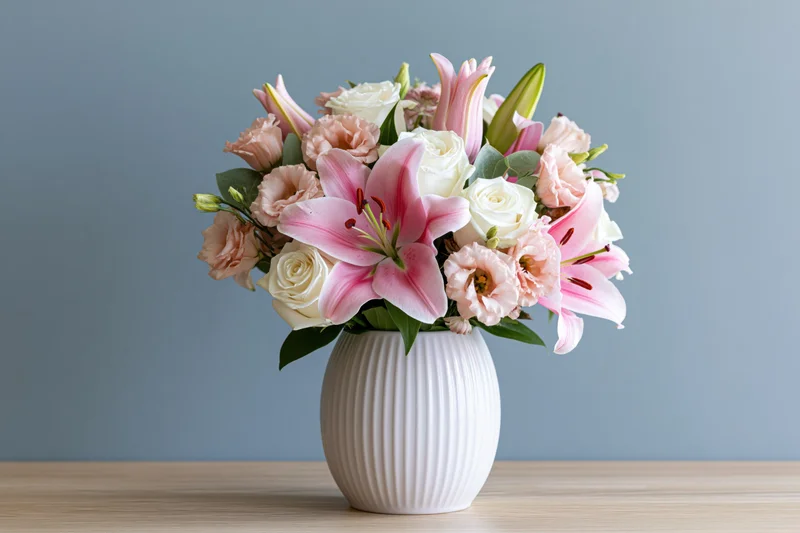 Pink lilies and white roses arranged in a white ceramic vase on a wooden table