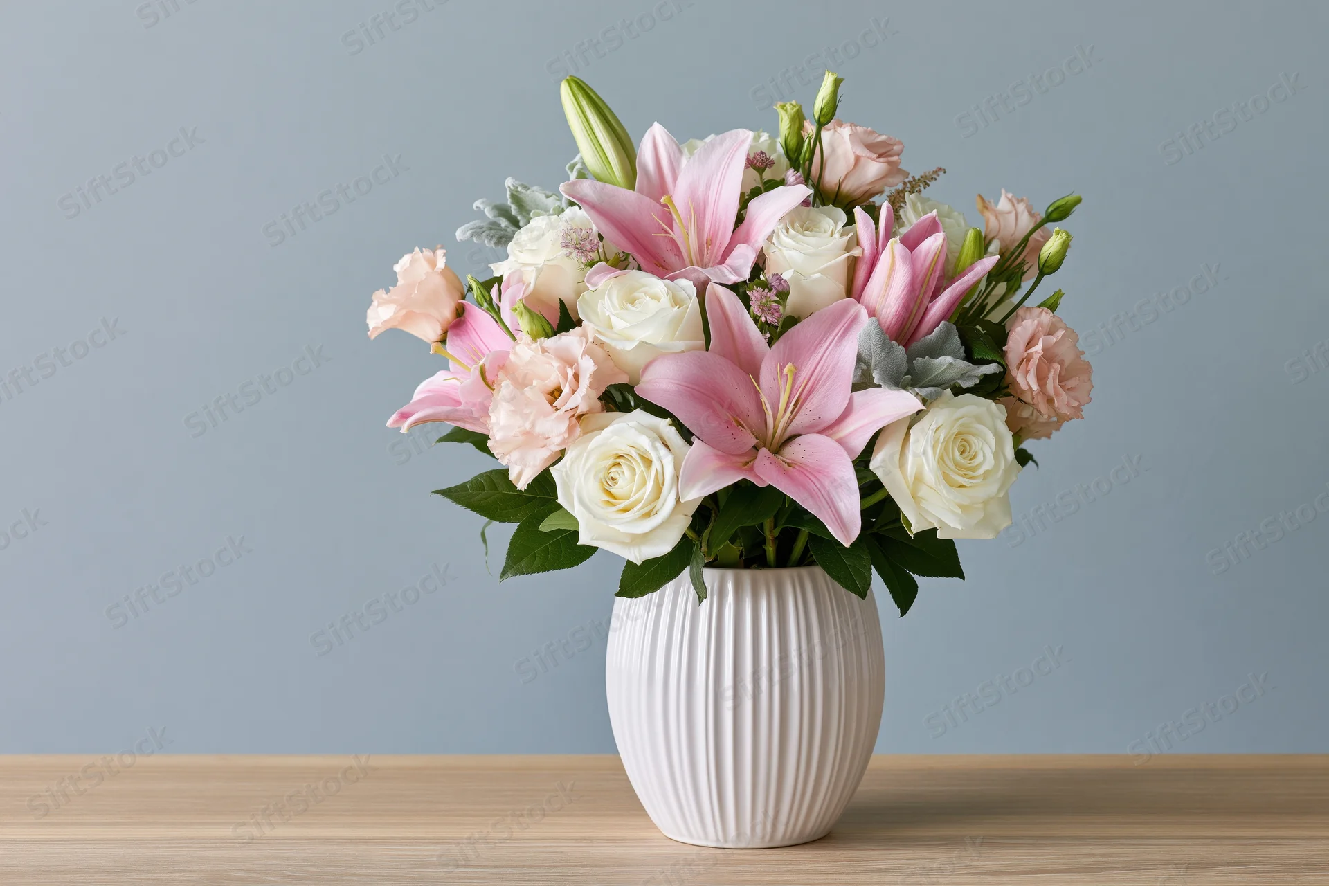 Pink lilies and white roses arranged in a white ceramic vase on a wooden table