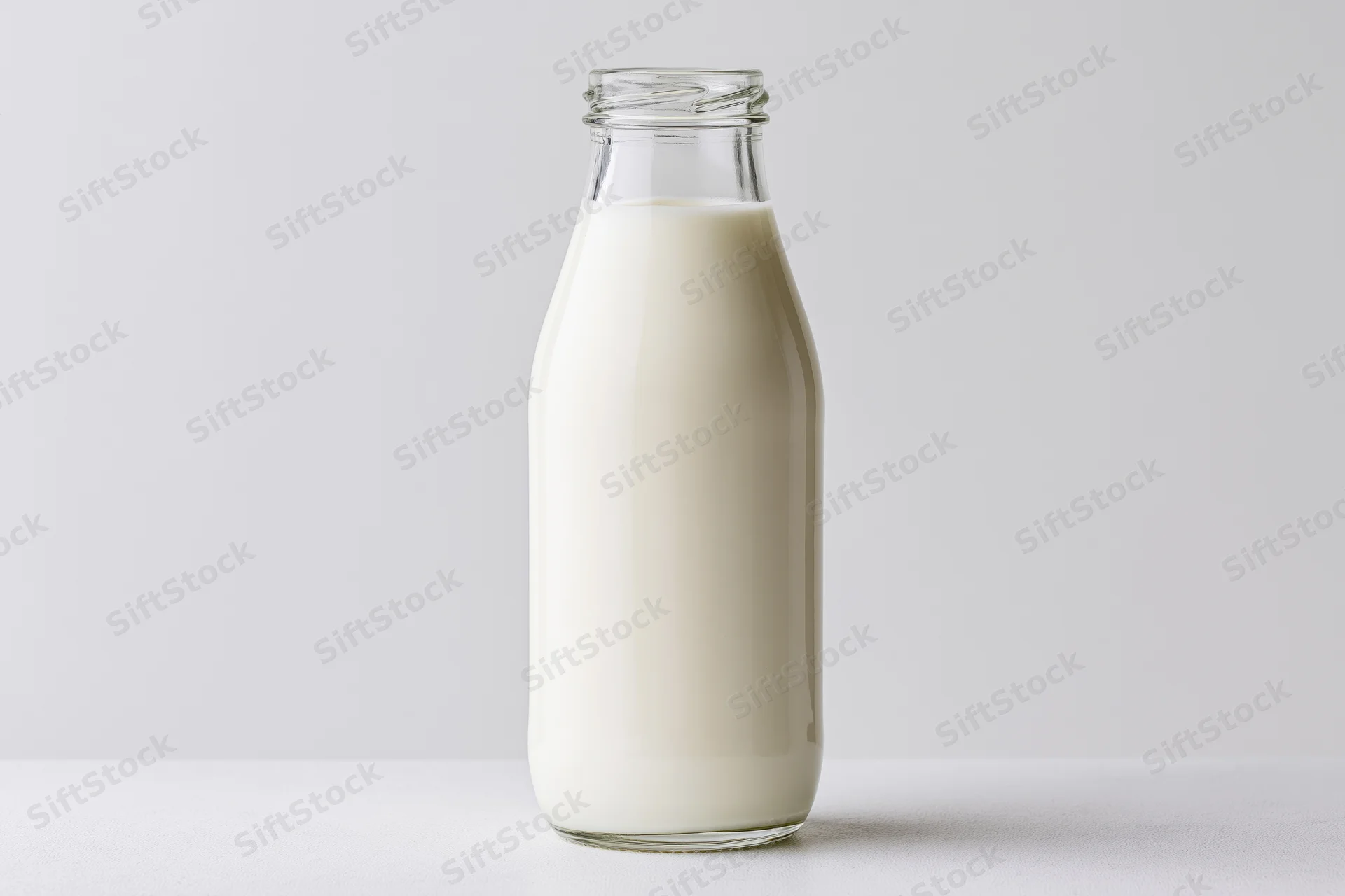 Glass bottle filled with milk standing on a white surface
