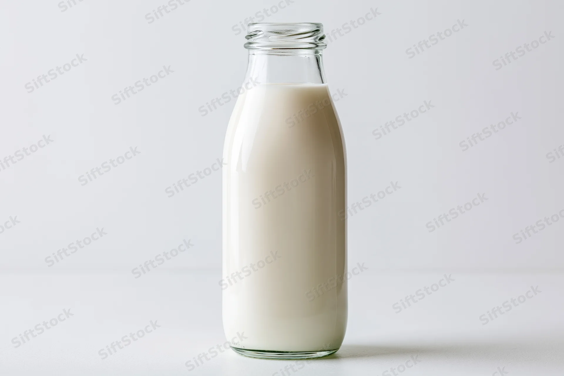 Glass bottle filled with milk standing on white surface