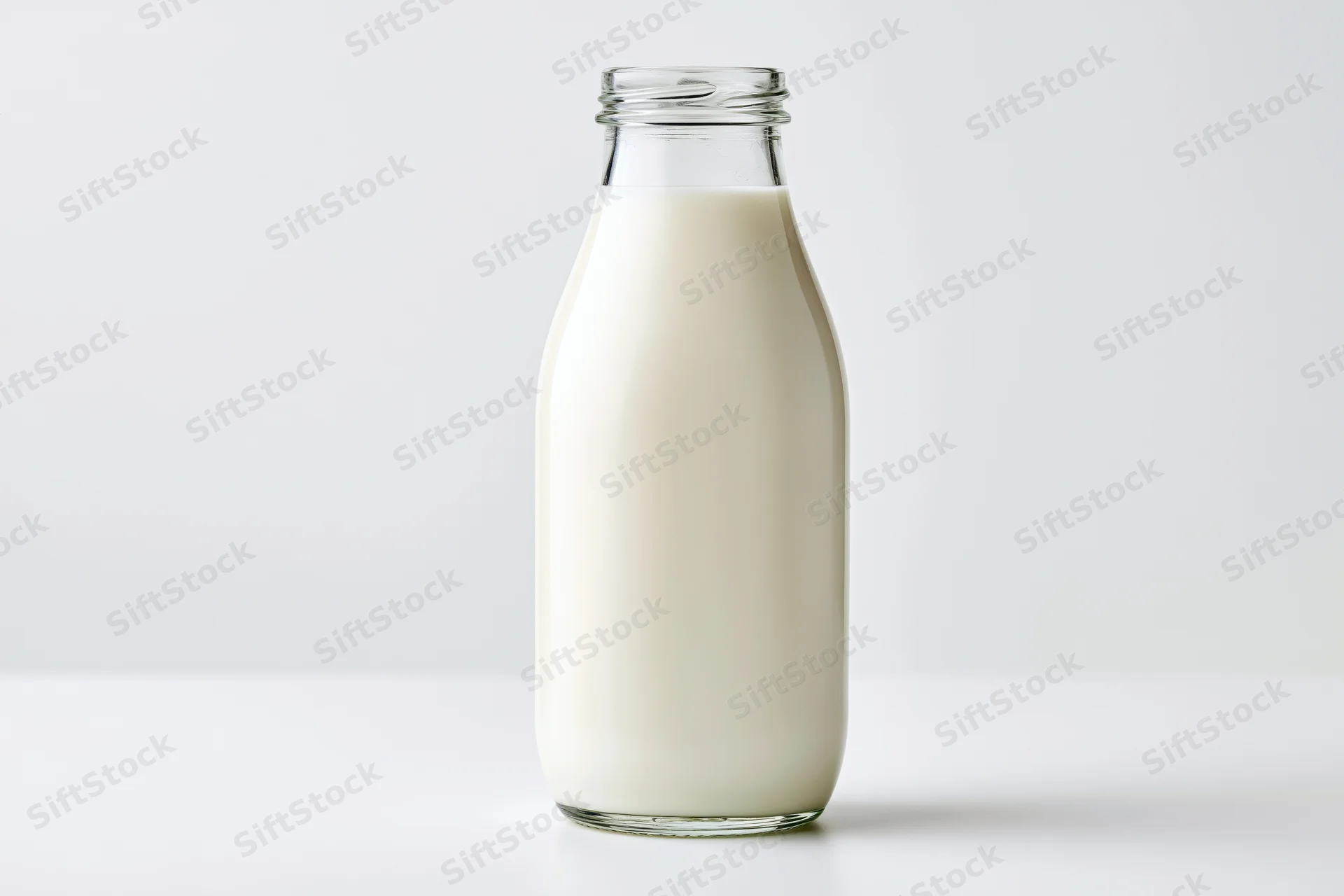 Full glass milk bottle standing upright on white surface