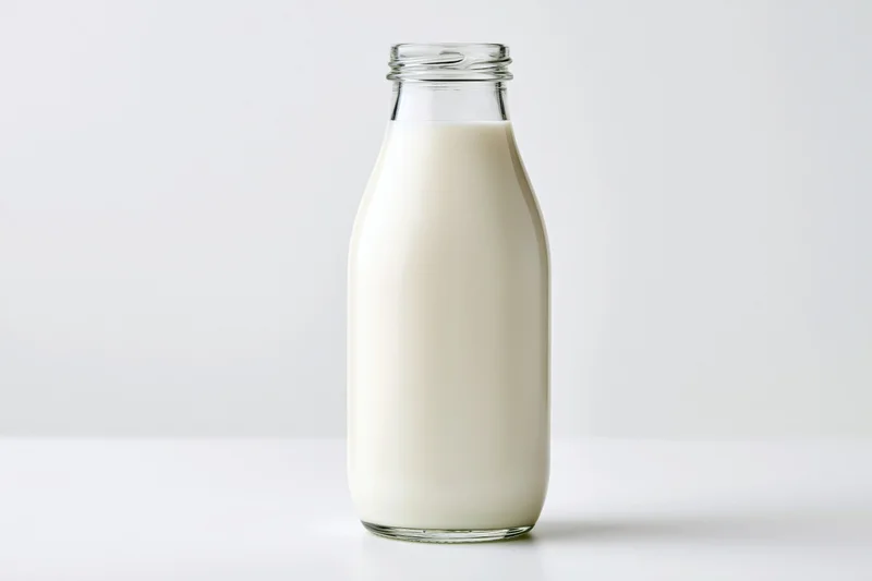 Full glass milk bottle standing upright on white surface