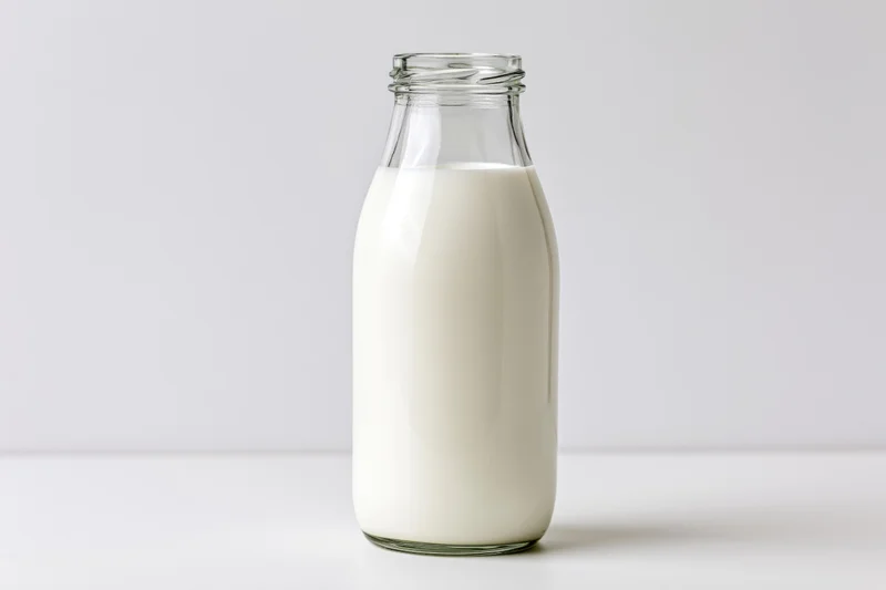 Glass milk bottle filled with white liquid standing upright on a white surface