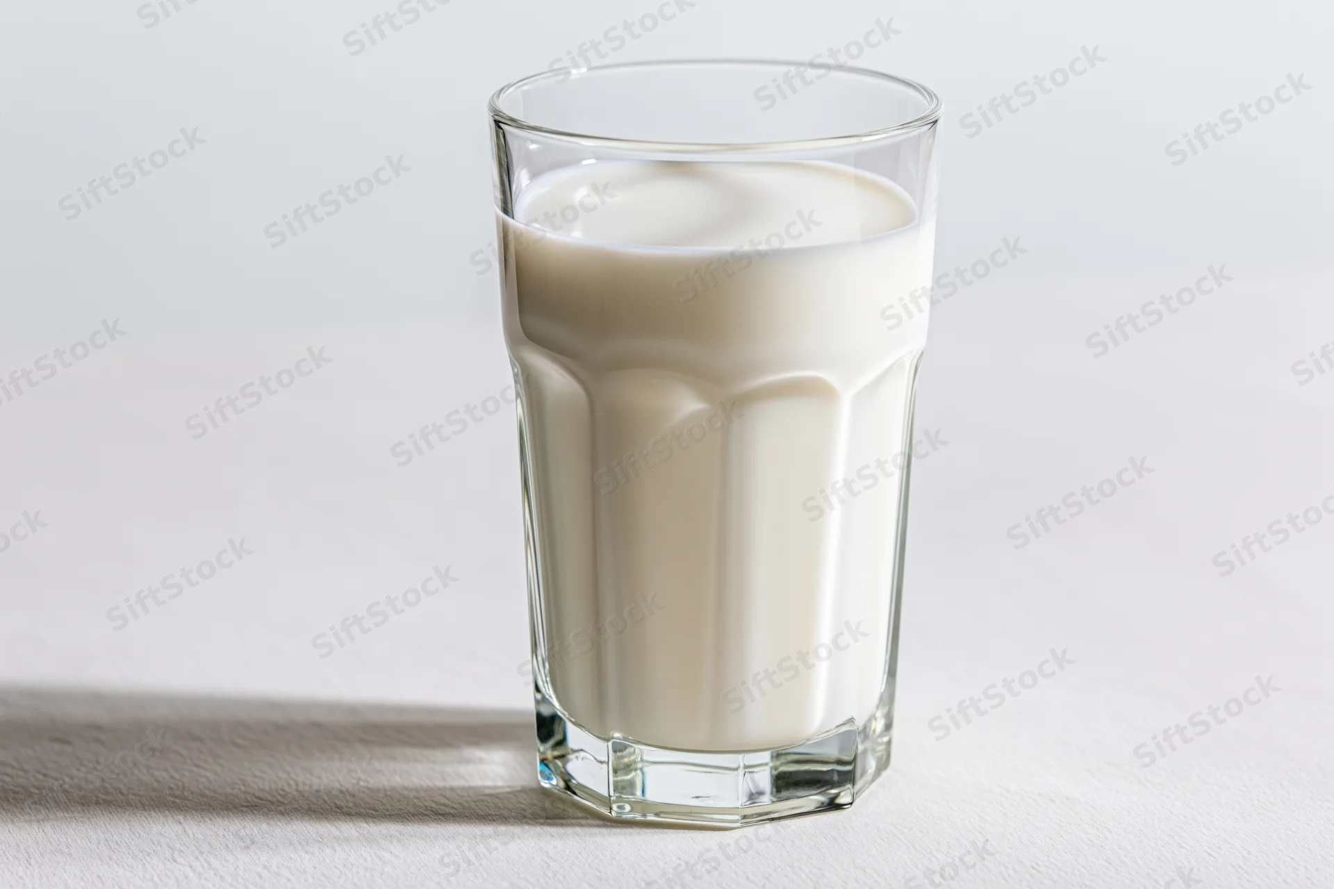 Full glass of cold milk on plain white surface