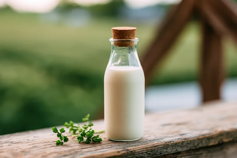 Glass milk bottle with cork stopper on wooden table beside parsley sprig outdoors