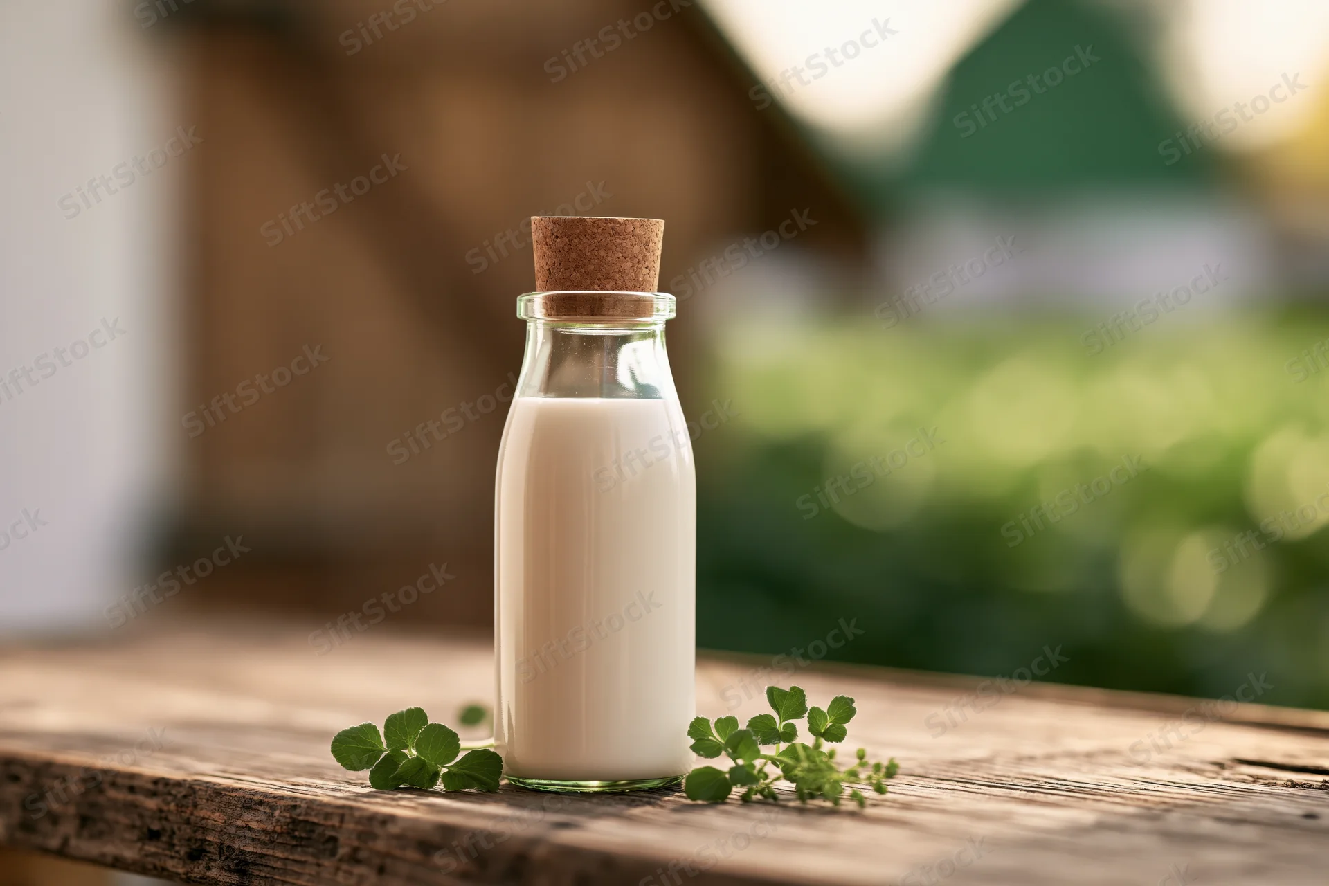 Glass milk bottle with cork stopper on wooden table outdoors