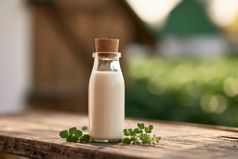 Glass milk bottle with cork stopper on wooden table outdoors