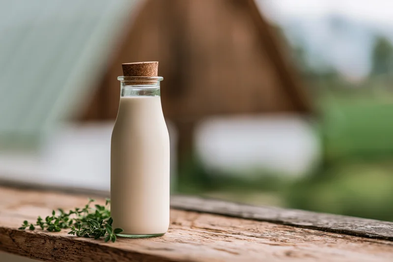Glass milk bottle with cork stopper on wooden table near farm building