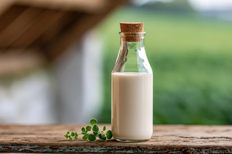 Glass milk bottle with cork stopper on rustic wooden table beside green field