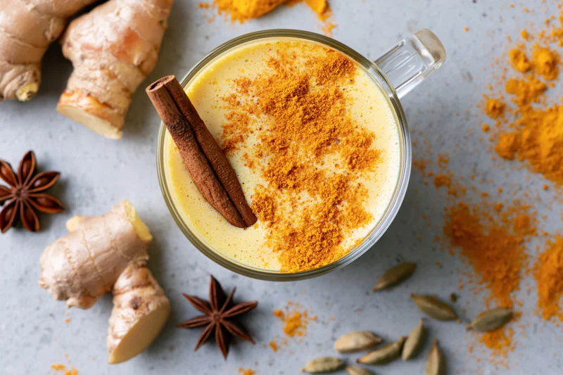 Golden turmeric latte in a glass mug topped with cinnamon stick and spice powder, surrounded by ginger root, star anise, and cardamom on a gray surface