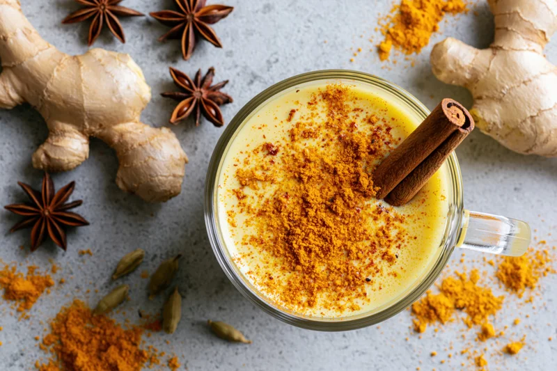 Golden turmeric latte in a glass mug with cinnamon stick and spices on countertop