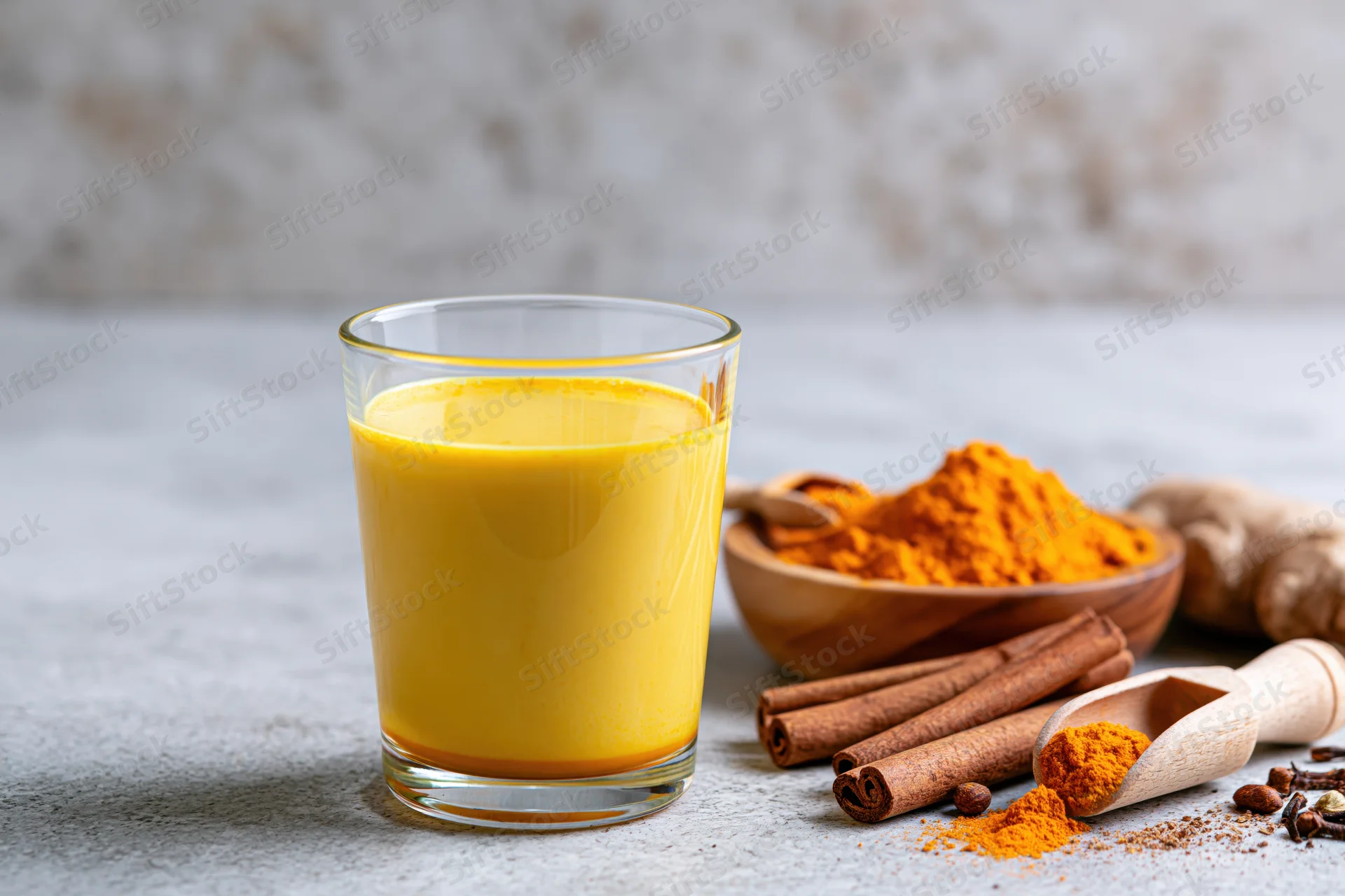 Glass of golden turmeric milk with cinnamon, ginger, and turmeric powder on a stone countertop