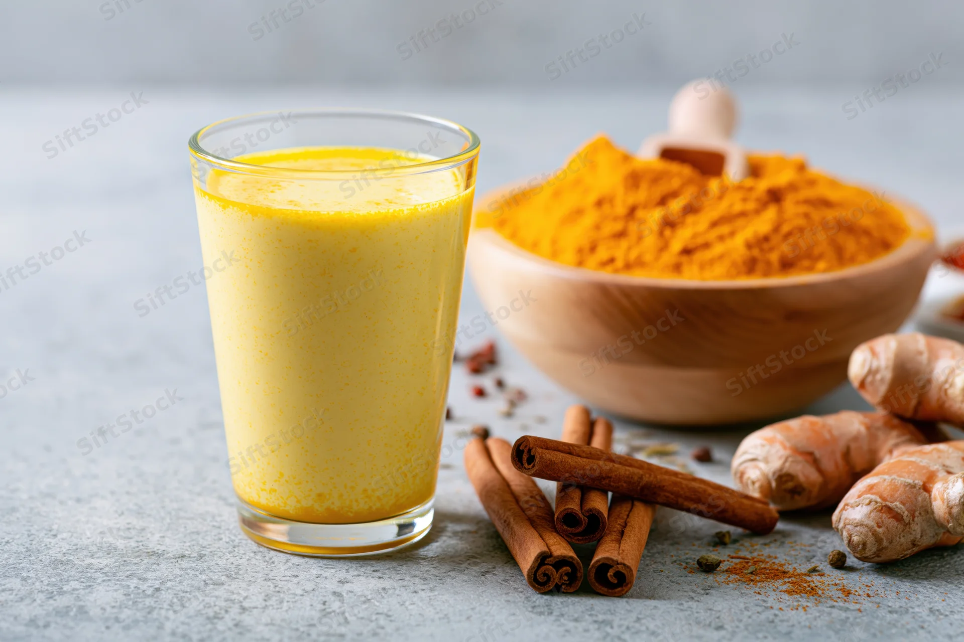 Glass of golden turmeric milk with cinnamon sticks, ginger root, and turmeric powder on countertop