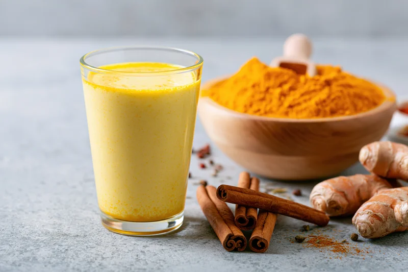 Glass of golden turmeric milk with cinnamon sticks, ginger root, and turmeric powder on countertop