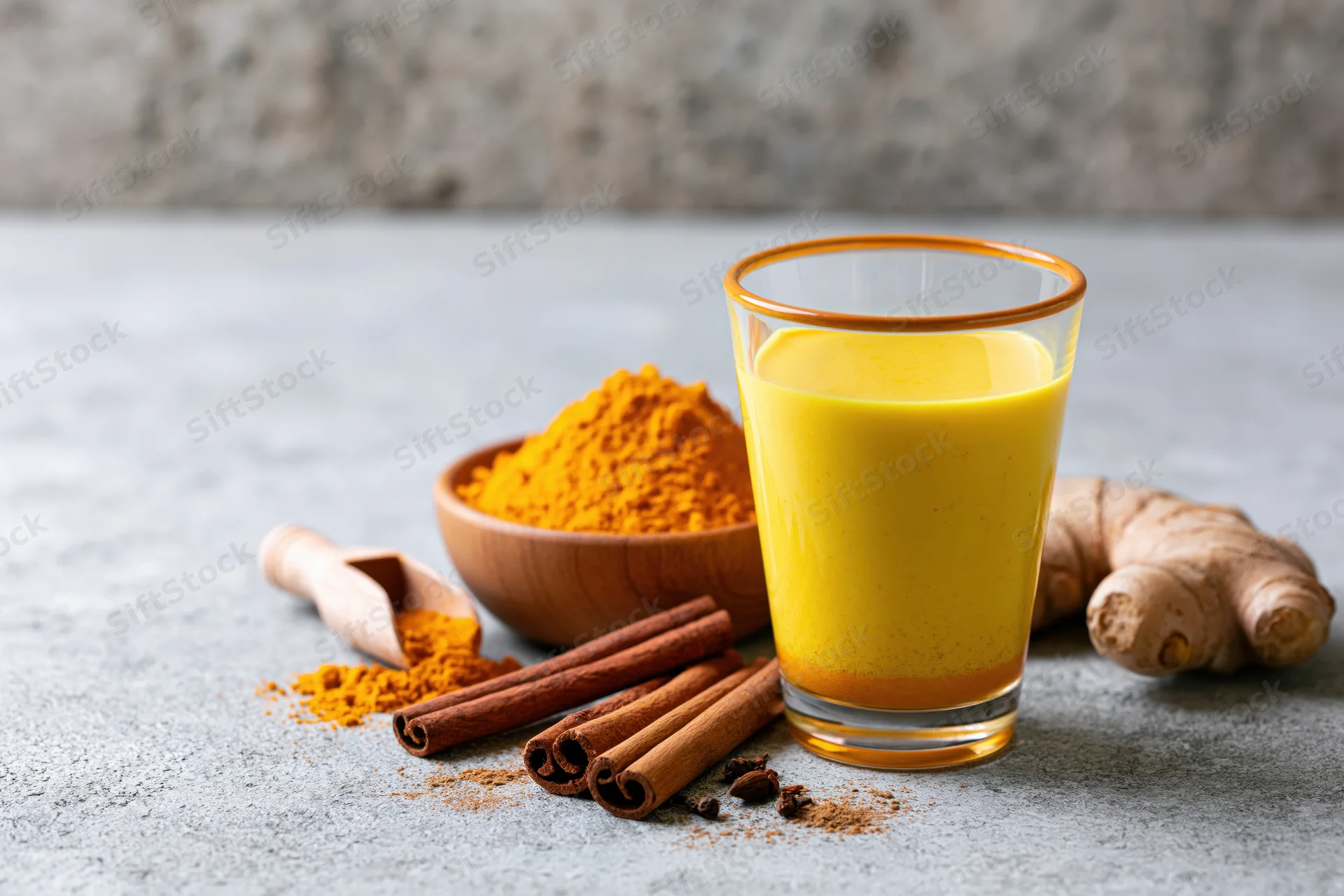 Glass of golden turmeric milk with cinnamon sticks, ginger root, and turmeric powder on a stone countertop