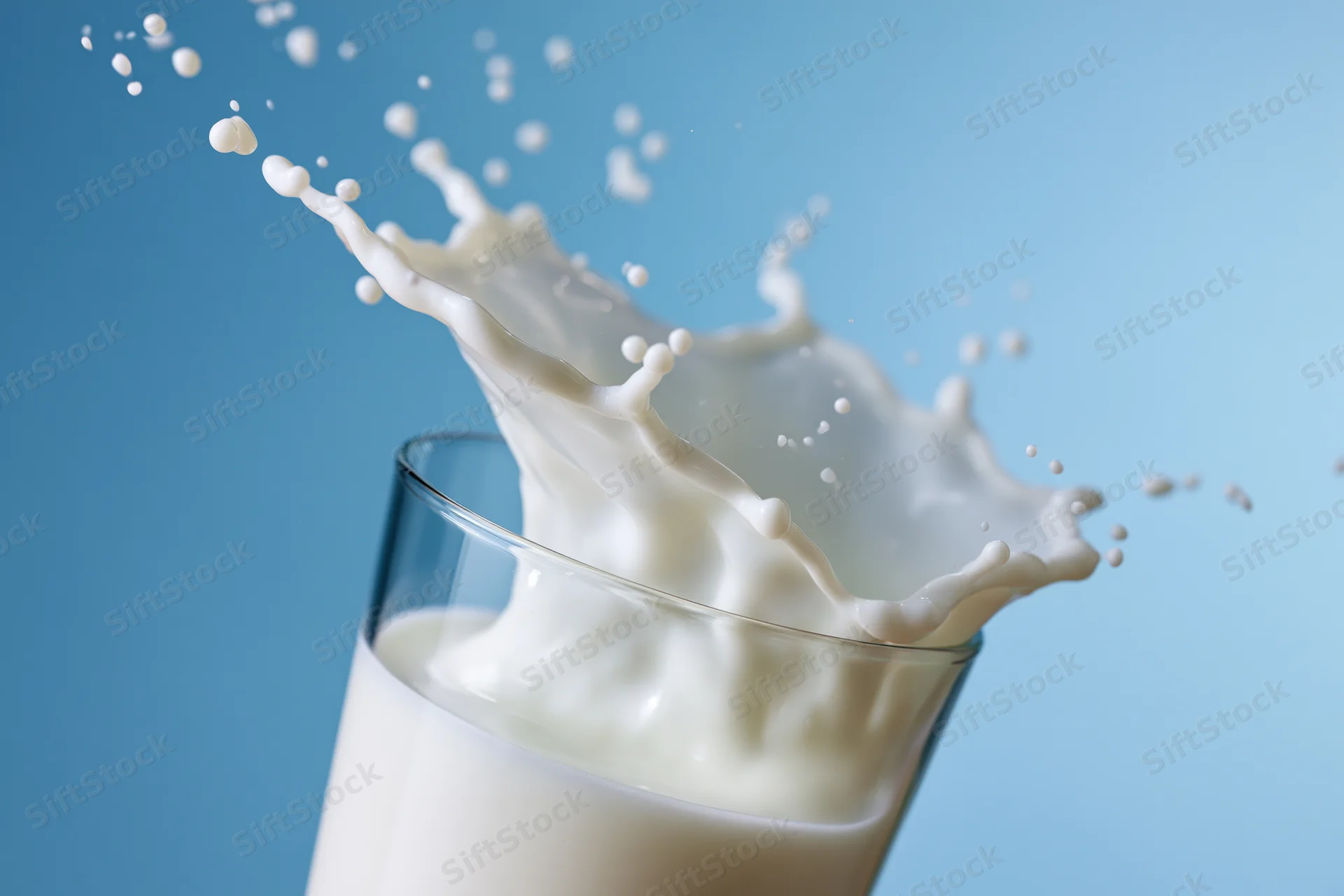 Milk splashing upward from a glass against a blue background