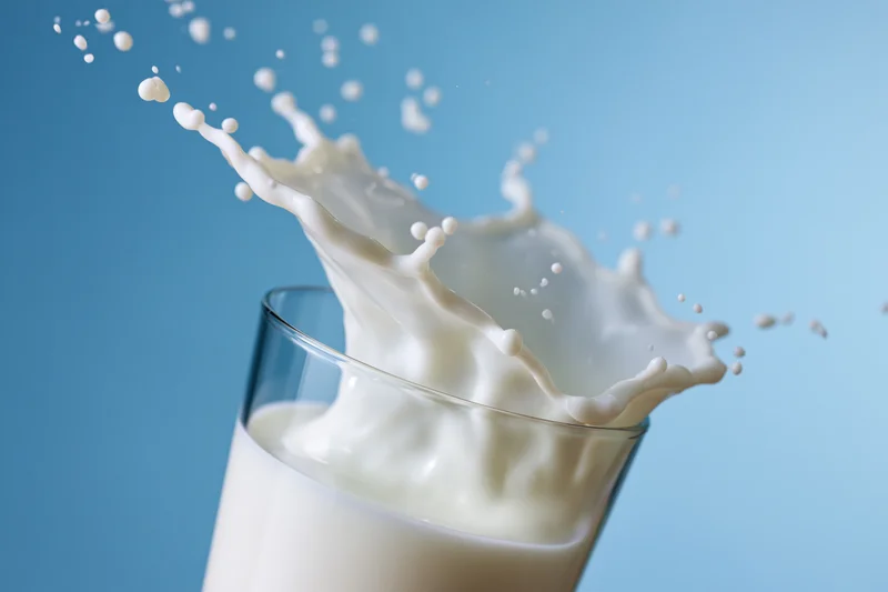 Milk splashing upward from a glass against a blue background