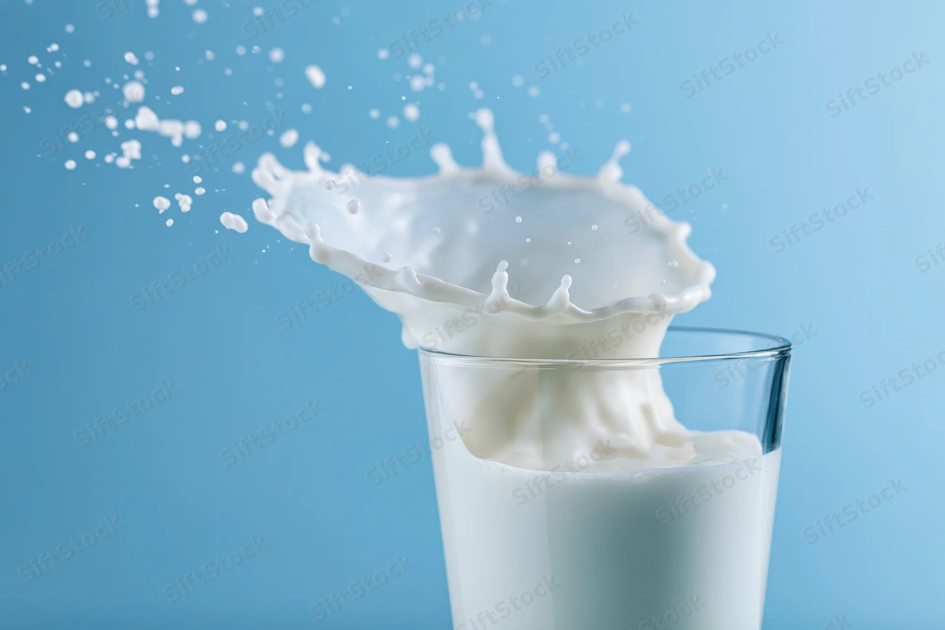 Milk splashing upward in a glass against a blue background